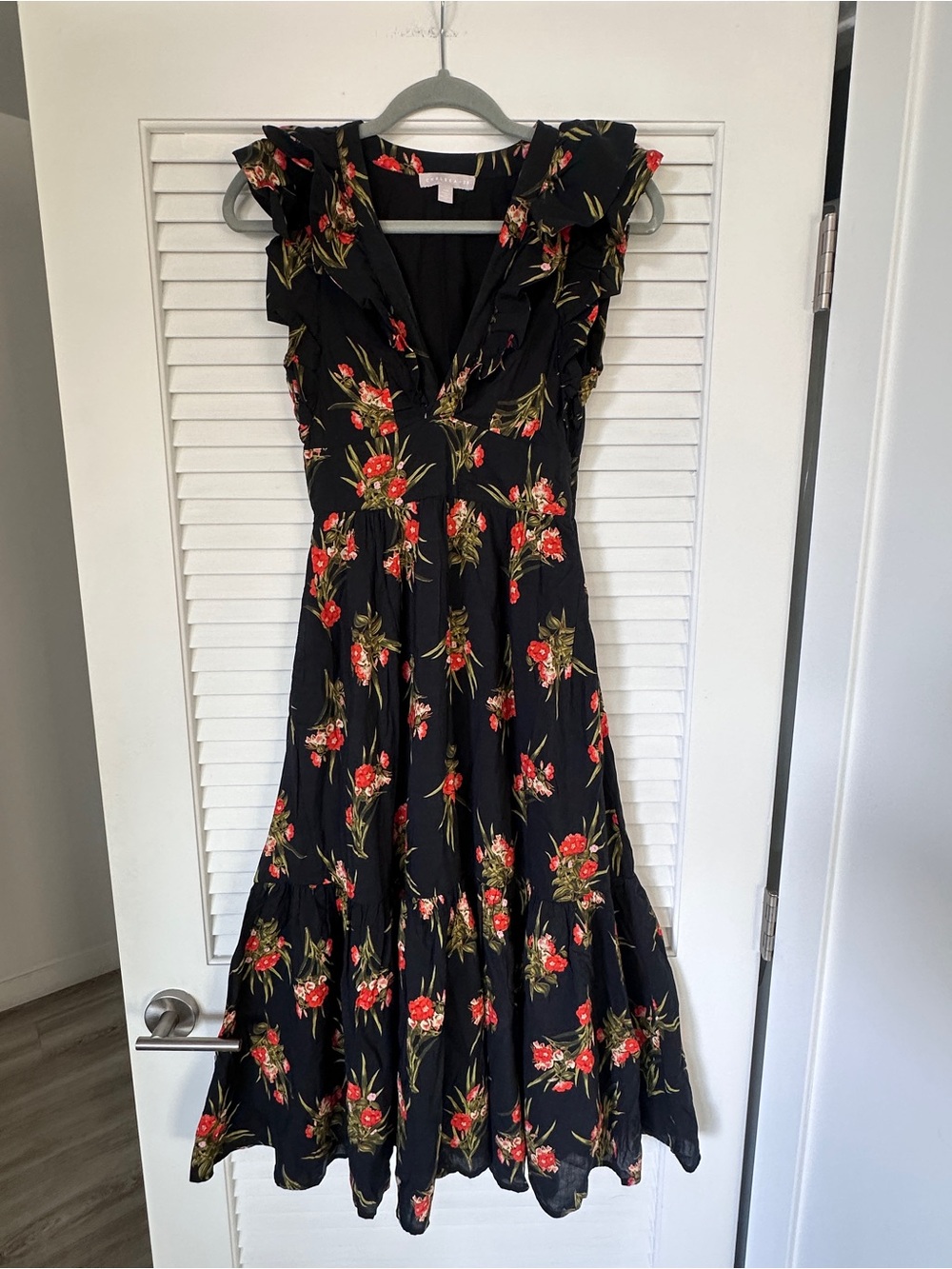 Chelsea28 Floral Ruffle Midi Dress Black Orange Cotton Blend XXS